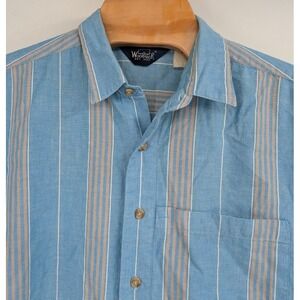 Vintage Woolrich Men's Blue Cotton Stripe Short‎ Sleeve Button Up 80's Retro XL?